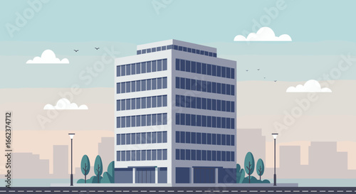 Modern office building design urban environment digital illustration cityscape view contemporary concept. Vector illustration
