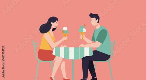 Couple enjoying ice cream together romantic setting digital illustration vibrant colors intimate atmosphere joyful connection. Vector illustration