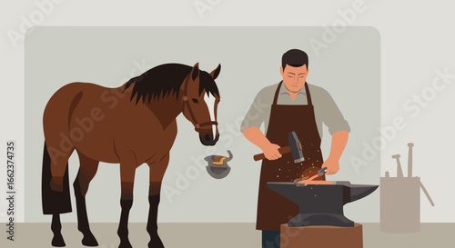 Blacksmith working on horseshoe creation workshop illustration indoor side view craftsmanship and tradition. Vector illustration