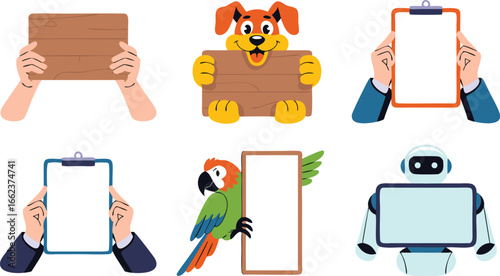 Cartoon Characters Holding Signs Dog, Parrot, Robot, Wooden Board, and Clipboards