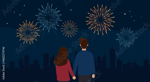 Celebrating new year's eve with fireworks city skyline digital art nighttime romantic viewpoint. Vector illustration