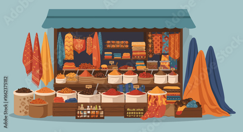 Colorful textile market vibrant bazaar illustration urban setting eye-level view cultural richness. Vector illustration