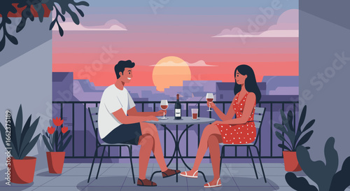 Romantic sunset dinner balcony illustration cozy atmosphere side view love and connection. Vector illustration