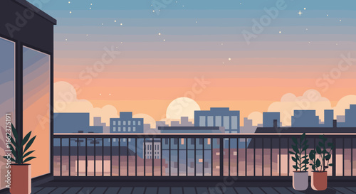 Sunset view from urban balcony cityscape aesthetic digital art evening ambiance creative design. Vector illustration