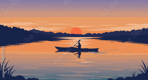 Kayaking at sunset on serene lake nature photography tranquil environment peaceful viewpoint. Vector illustration