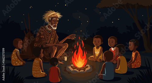 Elder storyteller sharing myths campfire setting digital artwork nighttime environment intimate viewpoint cultural heritage. Vector illustration