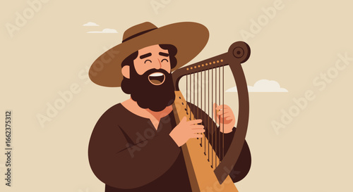 Musician playing harp in a sunny landscape digital art cheerful atmosphere vibrant colors. Vector illustration