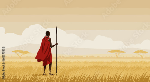Warrior standing in savanna maasai mara digital art wide open landscape serene viewpoint cultural heritage. Vector illustration