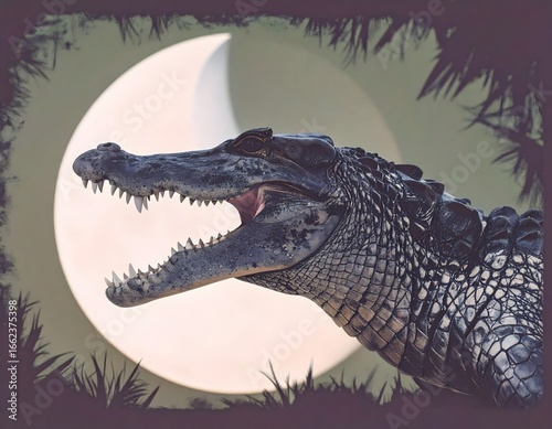 Fearsome alligator profile with its mouth wide open, a powerful nocturnal predator silhouetted against the glowing full moon in the swamp.
