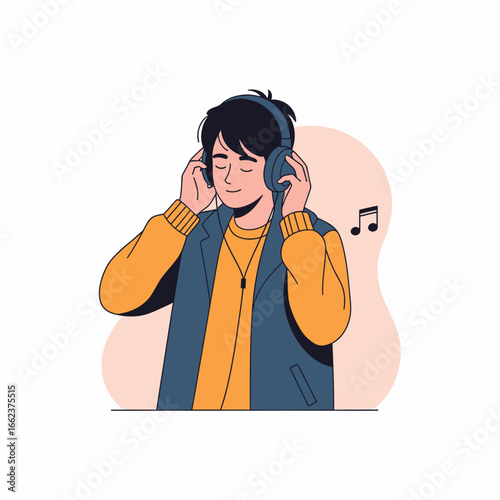 A young man with closed eyes enjoys music through headphones, wearing a jacket and yellow shirt, with a musical note floating nearby.