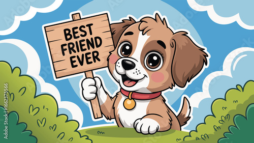 Cartoon Puppy Holding Best Friend Ever Sign Outside with Blue Sky and Green Bushes
