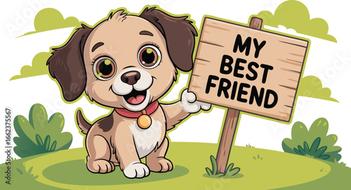 Cartoon Puppy Dog Holding My Best Friend Sign on Green Lawn Illustration