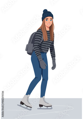 Young woman ice skating on rink wearing winter clothes with backpack and mittens in cold season outdoors