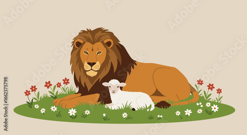 The peaceful encounter of a lion and lamb in a floral meadow nature illustration serene landscape artistic viewpoint. Vector illustration