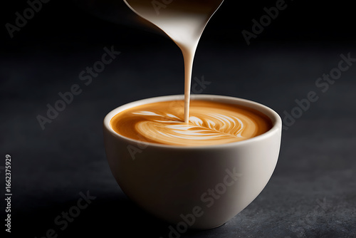 coffee art creation, barista close-up pouring milk into espresso cup for professional coffee art