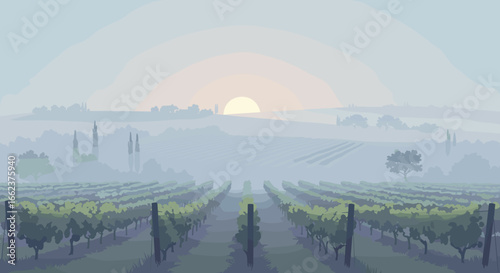 Sunrise over vineyard landscape tranquil nature scene serene environment soft dawn light. Vector illustration