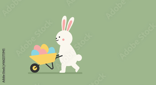 Easter bunny collecting colorful eggs in garden illustration cheerful playful whimsical environment. Vector illustration