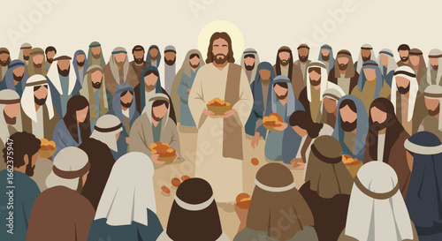 Feeding the multitude biblical scene illustration spiritual gathering front view miracle concept. Vector illustration