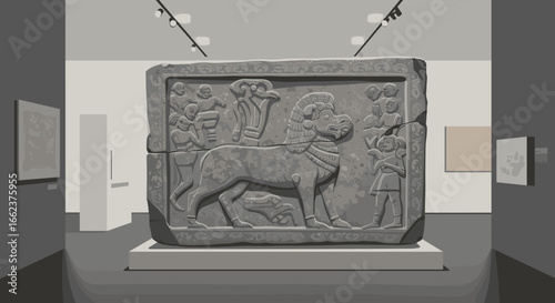 Ancient relief artwork depicting lion and figures museum exhibit cultural heritage indoor space eye-level view. Vector illustration