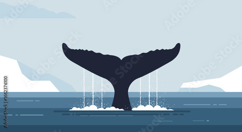Whale tail breaching event in arctic ocean nature scene calm water side view marine life concept. Vector illustration