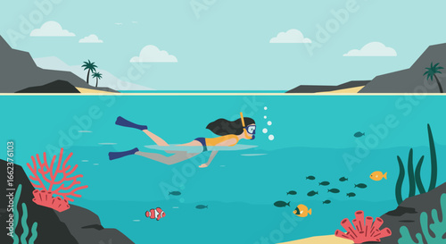 Snorkeling adventure in tropical waters underwater exploration vibrant marine life scenic landscape fun experience. Vector illustration