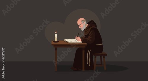 Monk writing ancient manuscripts medieval study digital illustration dimly lit room side view contemplative art. Vector illustration