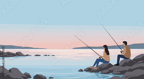 Fishing trip at sunset serene lake digital art relaxing environment side view leisurely experience. Vector illustration