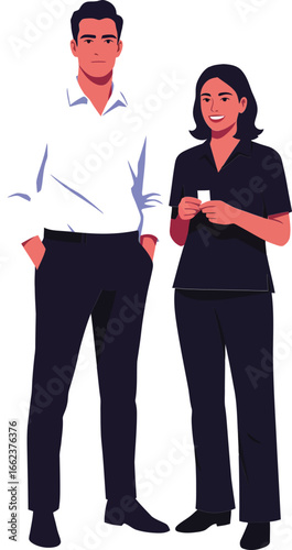Businessman and businesswoman standing together in professional attire casual pose vector illustration