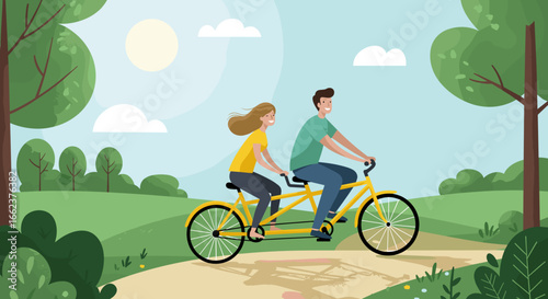 Cycling adventure with friends in nature animated illustration sunny day enjoying the outdoors. Vector illustration