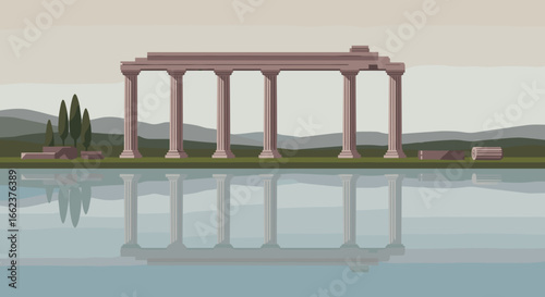 Ancient ruins reflected in serene lake historical site tranquil landscape digital artwork. Vector illustration