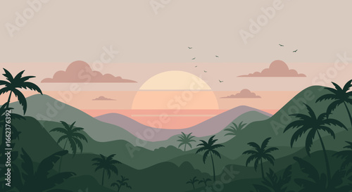 Serene sunset over lush mountains scenic landscape illustration tropical environment peaceful viewpoint. Vector illustration