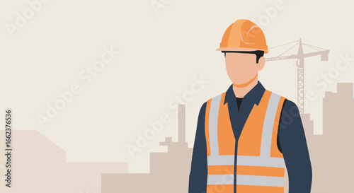 Construction worker in safety gear urban site illustration professional environment close-up view industry safety. Vector illustration