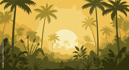 Sunset over tropical paradise lush jungle digital art serene atmosphere wide angle nature's beauty. Vector illustration
