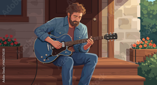 Guitar player strumming melodies on porch cozy home setting digital art relaxed atmosphere side view music lifestyle. Vector illustration