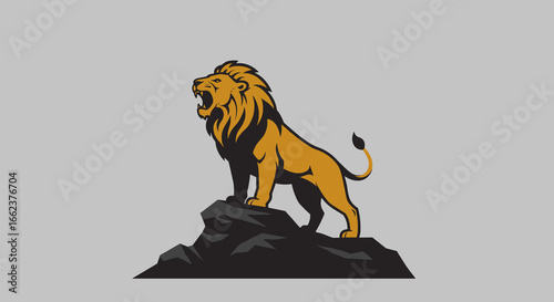 Majestic lion roaring on a rocky outcrop graphic design digital art environment bold and striking viewpoint. Vector illustration