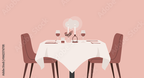 Romantic dinner setup cozy restaurant digital artwork intimate ambiance eye-level view love celebration. Vector illustration