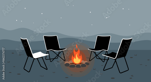 Campfire gathering with chairs in a scenic outdoor setting at night cozy atmosphere for storytelling. Vector illustration
