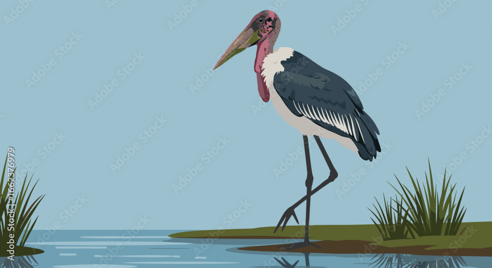 Fototapeta premium Elegant stork walking by the water's edge in a serene natural landscape illustration. Vector illustration