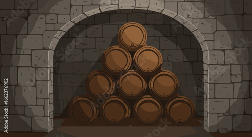 Stacked wooden barrels in a dark stone cellar still life historical indoor low angle rustic atmosphere. Vector illustration