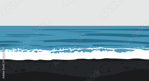 Waves crashing on black sand beach coastal nature scenery vibrant ocean landscape serene viewpoint. Vector illustration