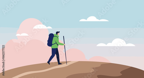 Hiking adventure mountain trail digital illustration scenic landscape side view outdoor exploration. Vector illustration