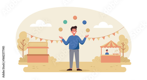 Juggling performance by a street artist at a local fair fun outdoor environment colorful market setting. Vector illustration