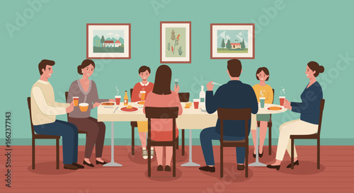 Family dinner gathering cozy home illustration warm atmosphere table setting togetherness. Vector illustration