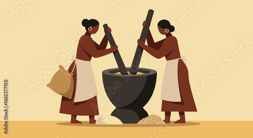 Traditional grain grinding activity cultural setting digital illustration home environment side view community life. Vector illustration