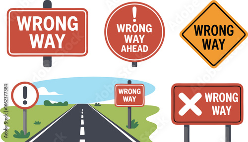 Collection of Colorful Wrong Way Road Signs, Isolated Warning Sign, and Exclamation Point Signage