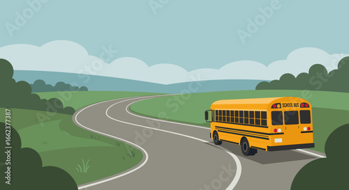 School bus journey along a winding road in a scenic landscape vibrant daylight animated style. Vector illustration