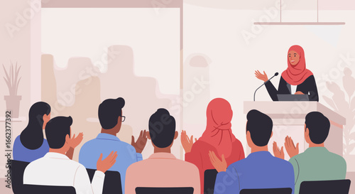 Empowering women in business a motivational speech event in a modern conference room. Vector illustration