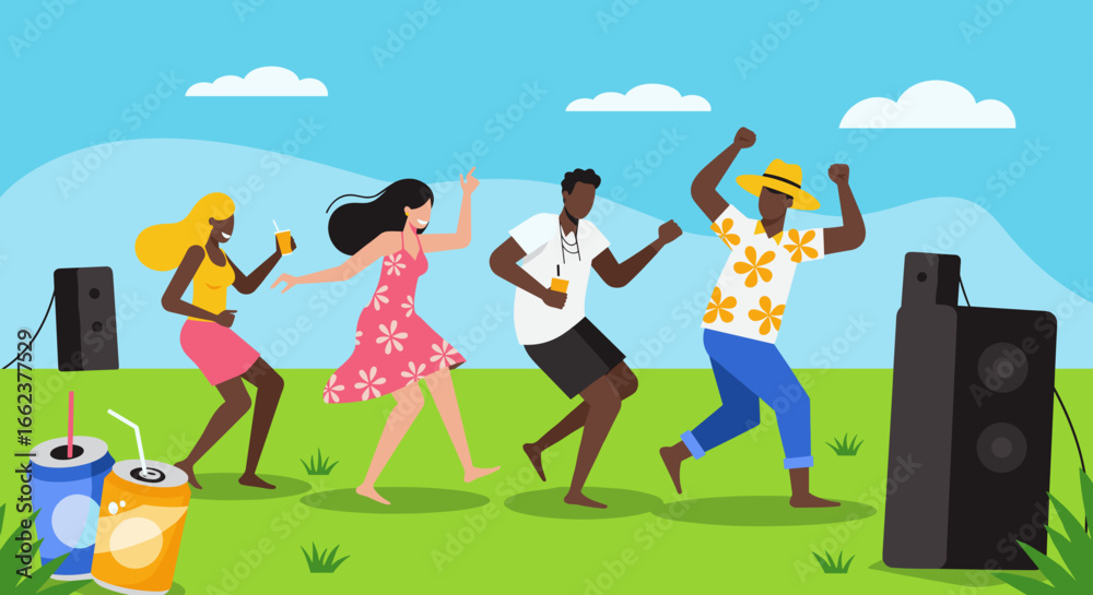 Fototapeta premium Dynamic dance party celebration outdoor park illustration vibrant atmosphere fun perspective joy and togetherness. Vector illustration
