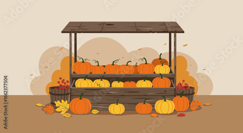 Harvest festival pumpkins display farmer's market digital illustration autumn scene eye-level view seasonal celebration. Vector illustration