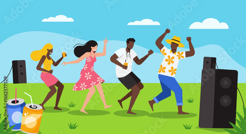 Dynamic dance party celebration outdoor park illustration vibrant atmosphere fun perspective joy and togetherness. Vector illustration